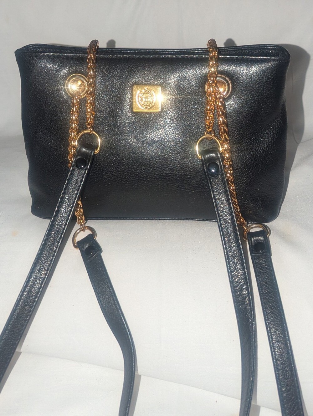 Vintage Liz Claiborne Accessories Black Shoulder Bag with Gold Chain Accents
